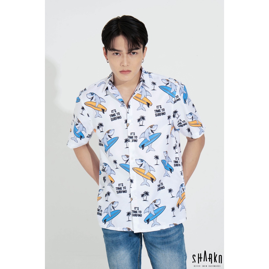 Áo sơ mi nam họa tiết SHARKO - SURFING SHARK, vải lụa thoáng mát, không nhăn, form rộng - GNN01 | BigBuy360 - bigbuy360.vn