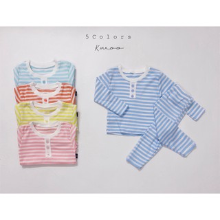 Bộ Dài Tay Cho Bé Trai, Bé Gái KIMCHI Vải Thun Gân Hoạ Tiết Sọc Ngang Cúc Cổ, Bộ Quần Áo Trẻ Em Thu Đông KWTD2105