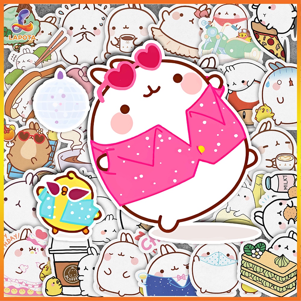 Set 50 cái Sticker Thỏ Molang chống nước, Hình dán Molang cute, Decal Molang dán vali, điện thoại, laptop