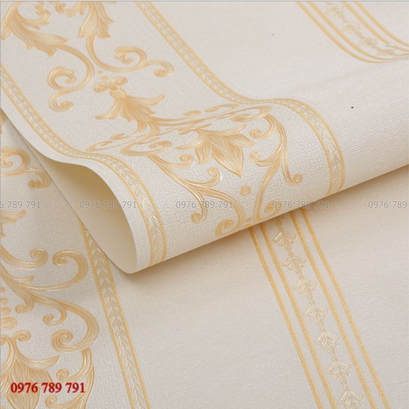 10m Giấy Dán Tường Hoa Văn Cổ Điển Dải Dọc Cho Phòng Khách, Lụa Không Keo, Màu Vàng Đồng, Trắng, Nâu