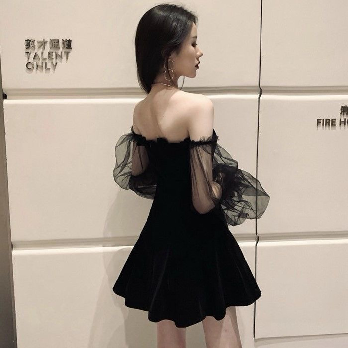 Đầm Đen Trễ Vai Dáng Chữ A Phong Cách Harajuku