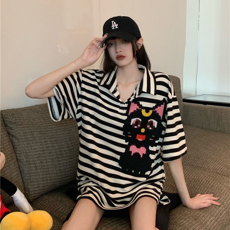 COZOK Áo polo Tay Ngắn Dáng Rộng Họa Tiết Sọc Vạch Cá Tính