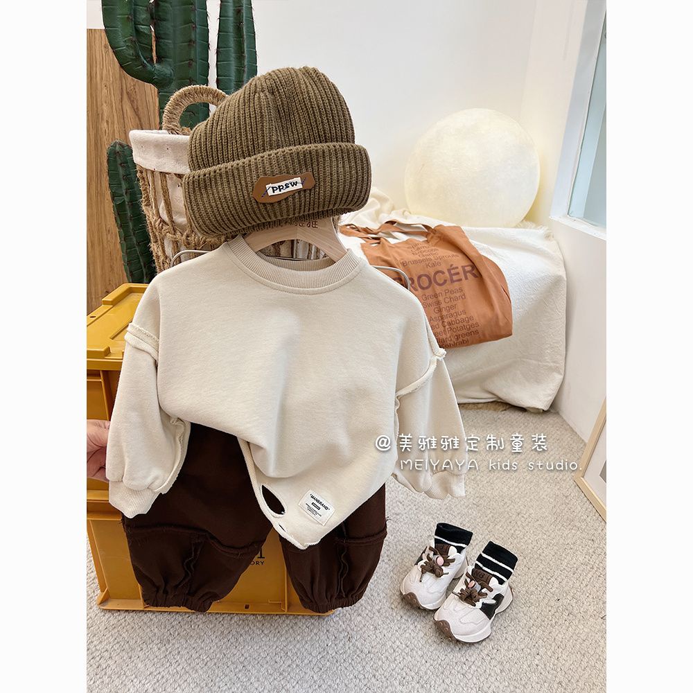 [Hàng Có Sẵn Mới Về] Set Áo Sweatshirt Phối Rách Phong Cách Hàn Quốc Cho Bé Trai Và Bé Gái