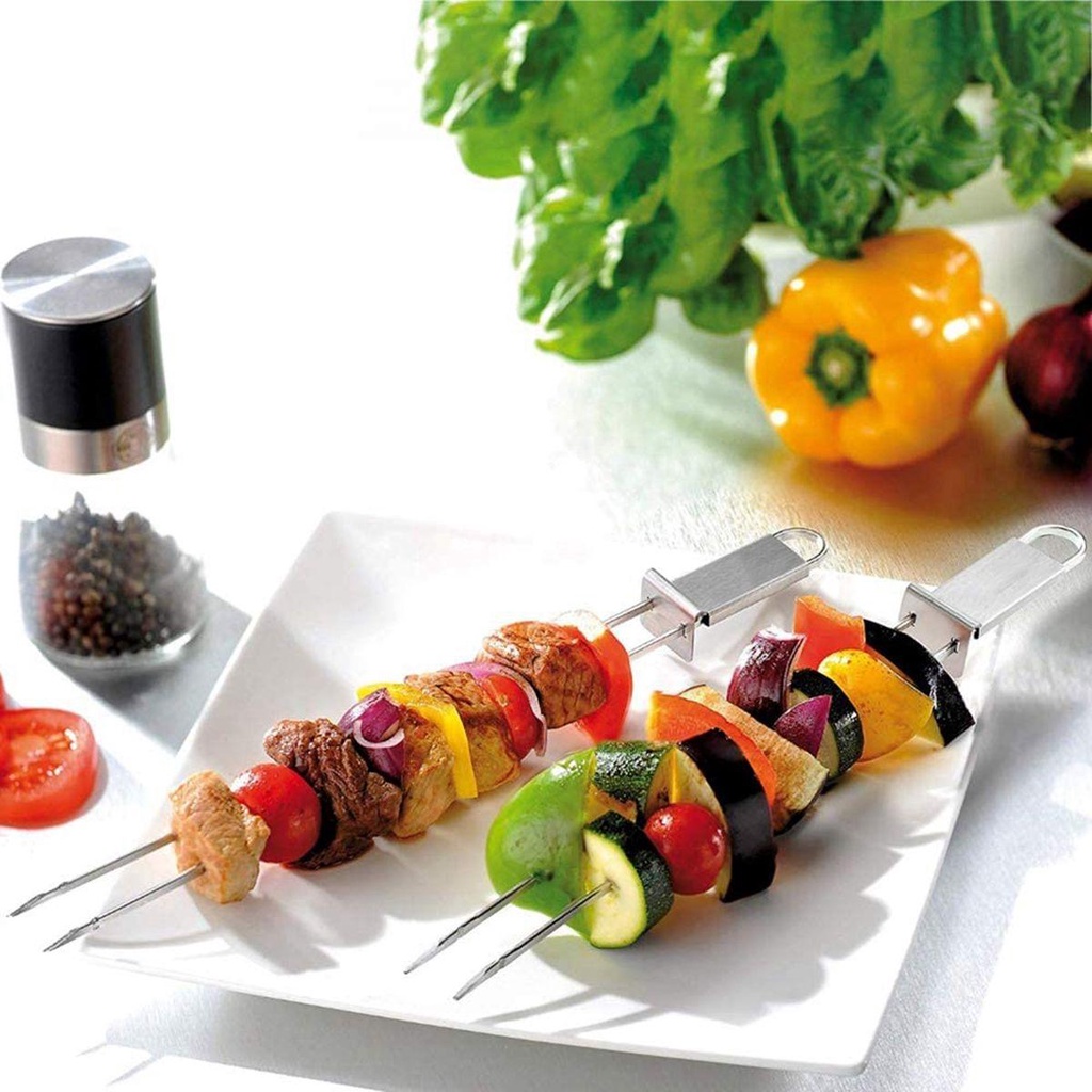 Xiên Nướng Bbq Bằng Thép Không Gỉ Kèm Thanh Trượt Chống Bỏng Tiện Dụng Cho Nhà Bếp
