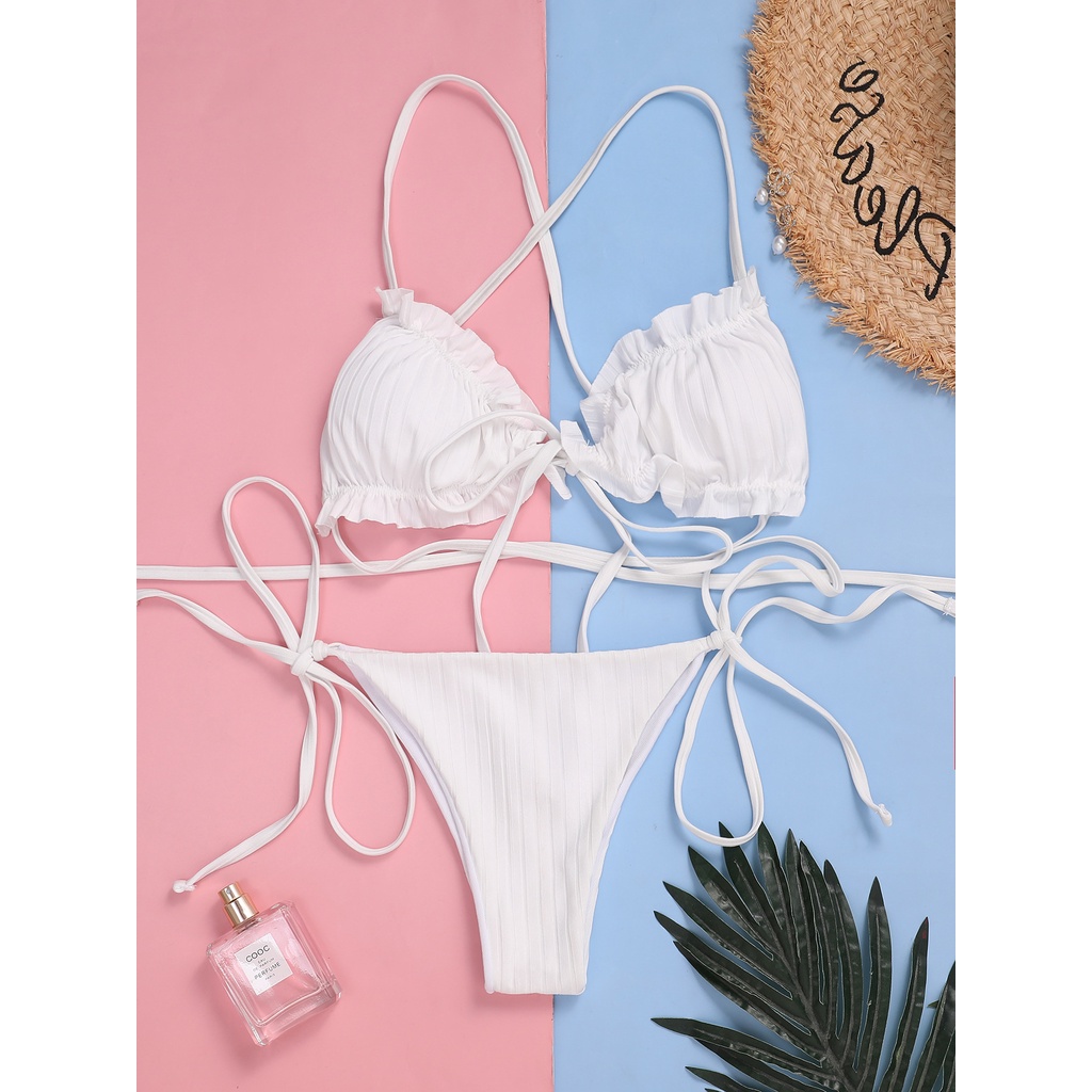 Set bikini bơi tắm xẻ hông lưng đẹp buộc dây màu trơn gợi cảm