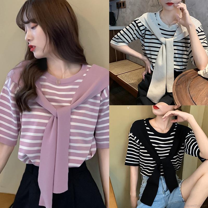 Áo thun tay ngắn giả hai lớp họa tiết kẻ sọc thời trang dành cho nữ Baywellfashion