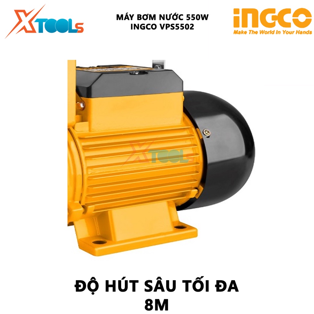 Máy bơm nước INGCO VPS5502 máy bơm tăng áp 550W(0.75HP), chiều cao bơm 40m, độ hút sâu 8m, mô tơ dây đồng tăng áp lực đư