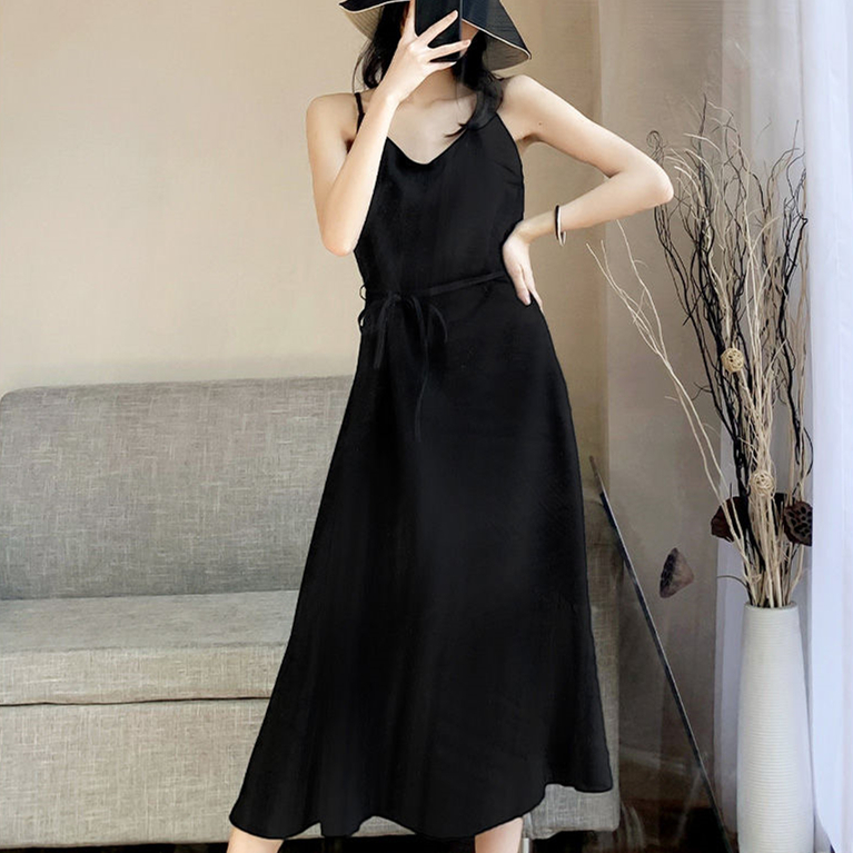 Đầm Voan Màu Đen Trơn Ôm Eo Phong Cách Hàn Quốc Thời Trang