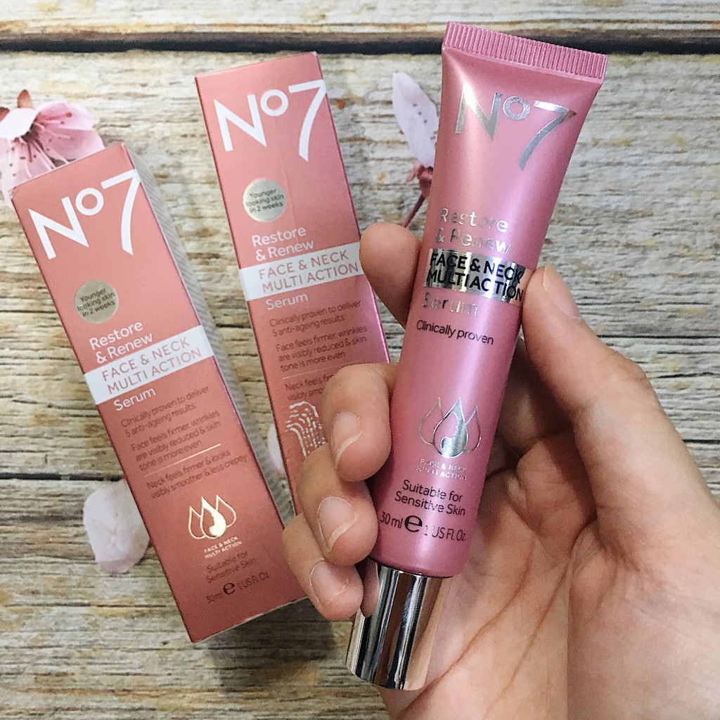 Serum xoá mờ mọi nếp nhăn No7 Restore & Renew Face, Neck & Decollete Multi Action Serum