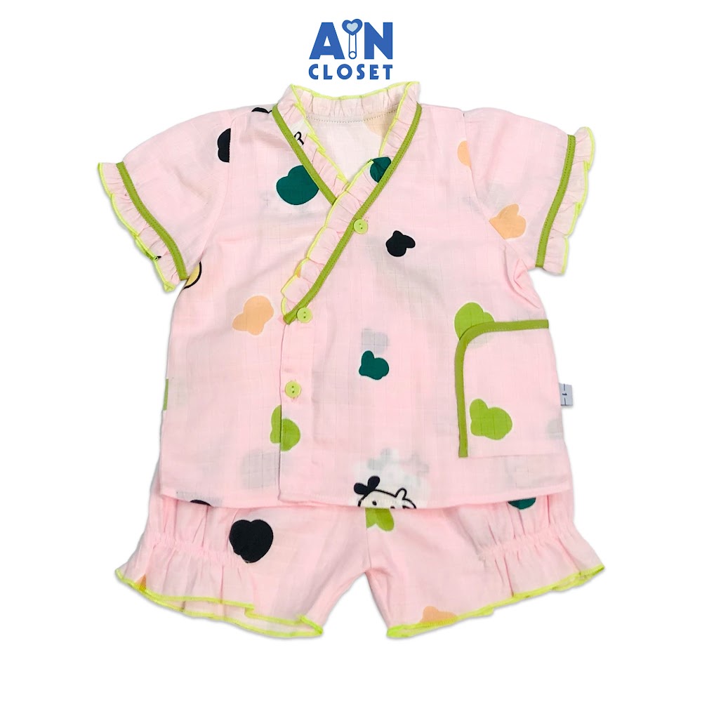 Bộ quần áo ngắn bé gái họa tiết Bò sữa nền hồng xô sợi tre - AICDBG2URGT0 - AIN Closet