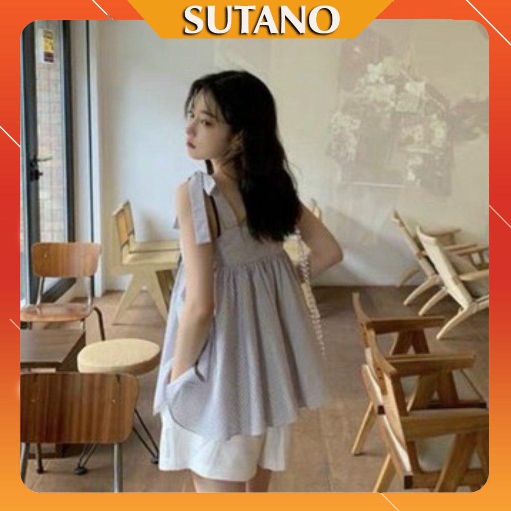 Bộ quần áo nữ set style Hàn Quốc SUTANO,Set áo babydoll hai dây thắt nơ kẻ xanh và quần short trắng cực xinh B405