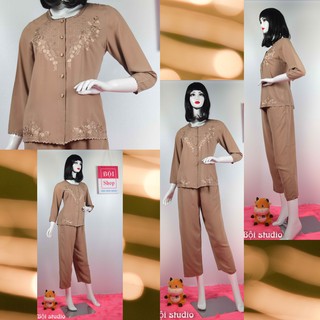 SET Quần Áo lụa Cotton THÁI TUẤN  Thêu Cho Chị , Cho Cô ( Áo Dài Tay , Quần Dài ) DLTR-CAFE57