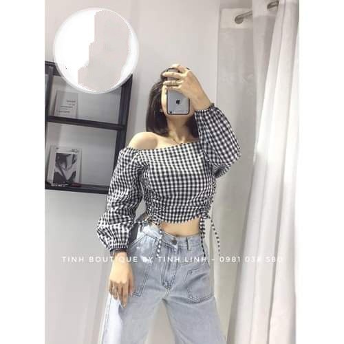 ÁO CROPTOP KẺ TRỄ VAI - ÁO CARO RÚT DÂY ULZZANG