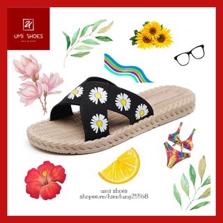 Dép nữ quai chéo hoa cúc dép lê thời trang đế cói rửa nước đi mưa đi biển mùa hè hot trend 2020 mẫu mới xinh - UMI SHOES