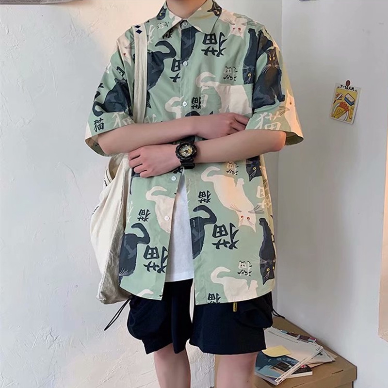 Real shot spot summer urban trend all-match loose casual fashion personality printing design casual short-sleeved shirt