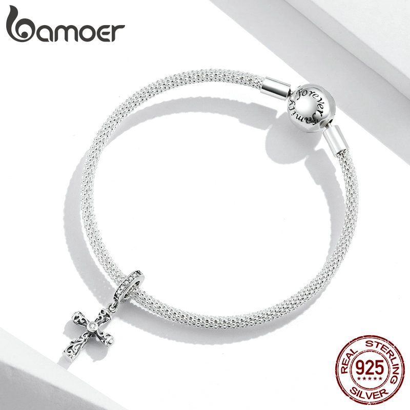 Mặt trang sức Bamoer BSC313 bằng bạc 925 kiểu dáng thánh giá vintage dành cho vòng tay/dây chuyền DIY