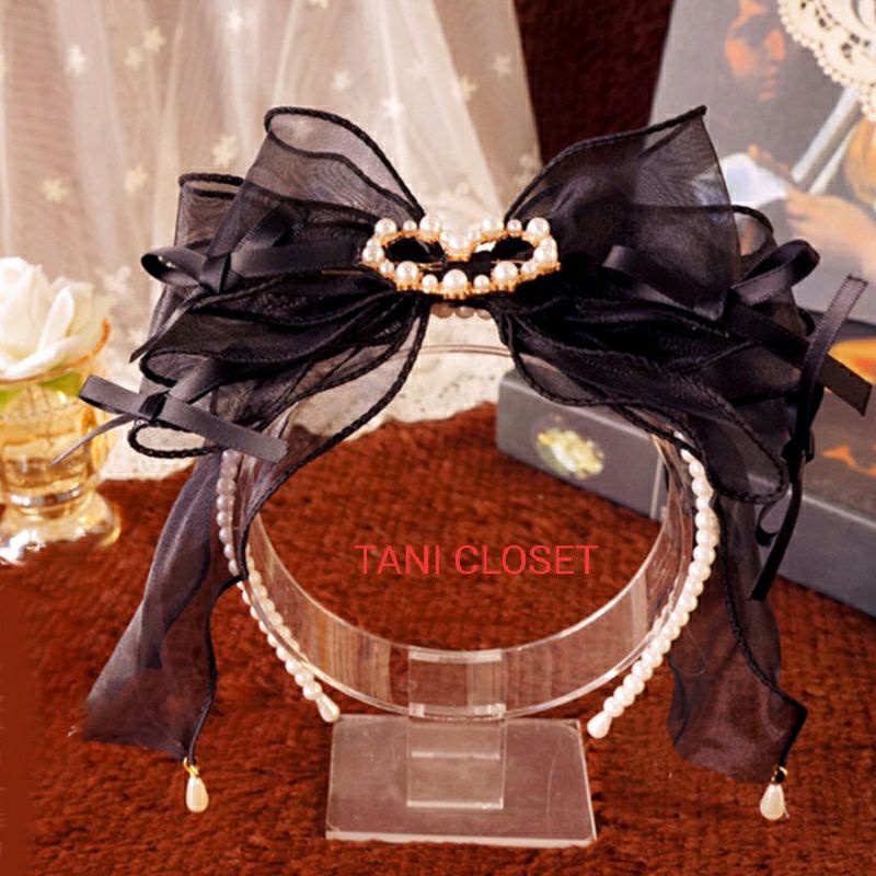 Băng Đô Lolita Trái Tim Đính Ngọc Nơ Organza