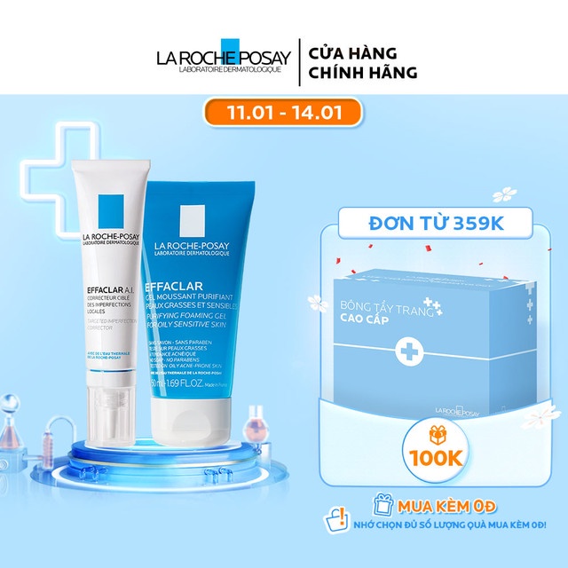 Bộ kem giảm mụn La Roche Posay A.I 15ml &amp; Gel rửa mặt cho da dầu mụn Effaclar Gel 50ml