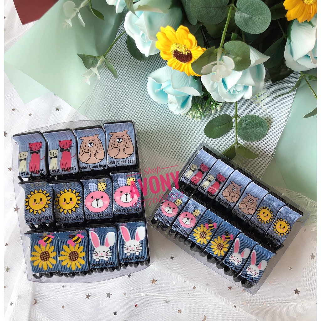 Kẹp tóc càng cua 3 - 5 răng in hình thú trên nền hoạ tiết vải jean dễ thương