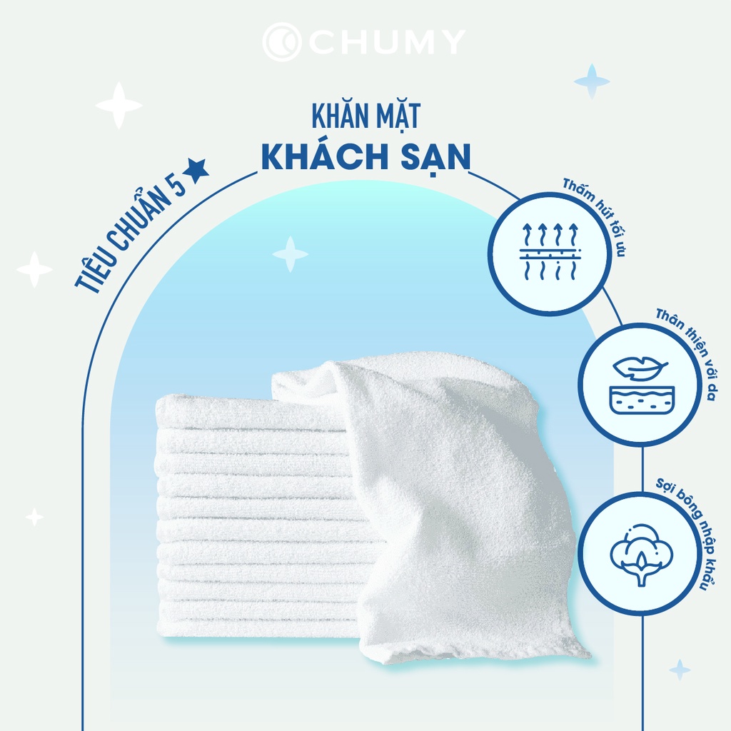 Khăn mặt khách sạn CHU MY 100% cotton tiêu chuẩn 5 sao, kích thước 34x70cm, trọng lượng 130g, màu trắng trơn, sợi se đôi