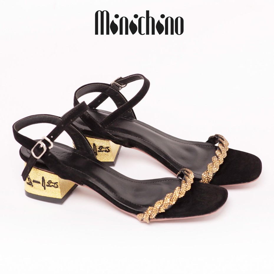 Giày sandal nữ gót cao 5cm MINICHINO hở gót mũi tròn phối dây thời trang gót vàng màu đen TC056