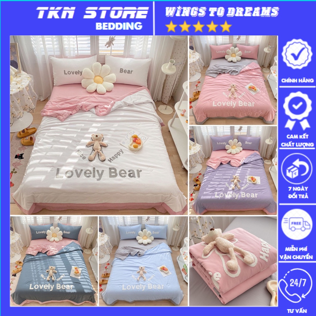 Bộ chăn ga gối Cotton Đũi Gấu Teddy 5d đáng yêu , Set ga gối chăn hè Đũi thoáng mát mềm mịn (tặng kèm gấu teddy)