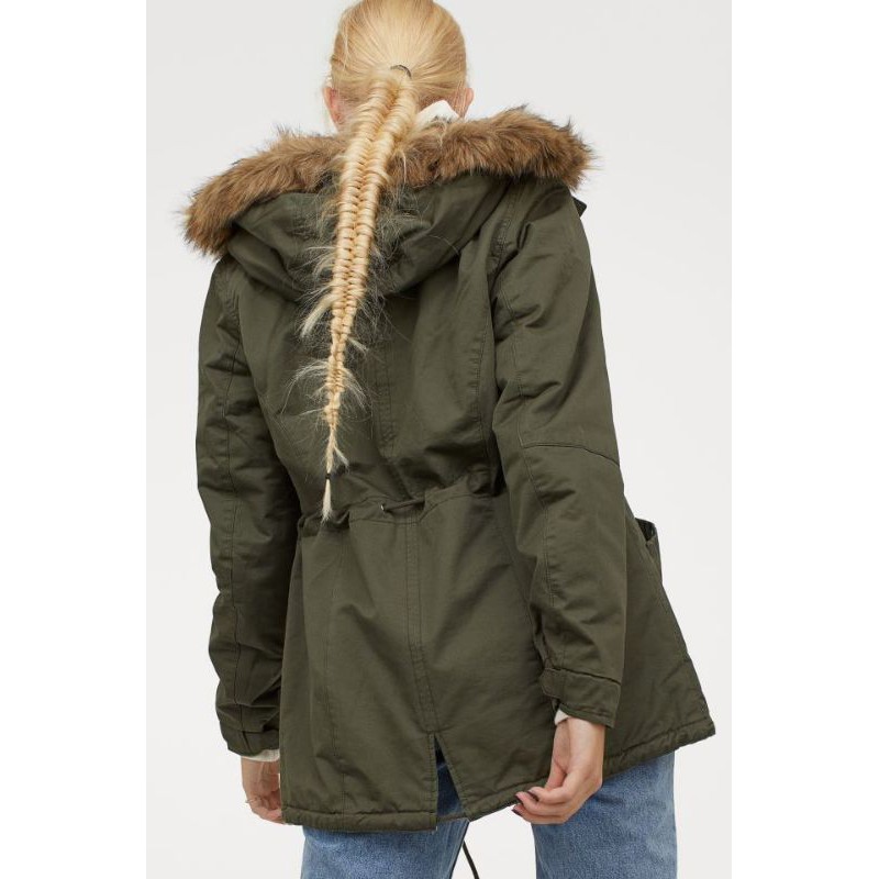 Bill Đức- Áo Khoác HM Parka có lót lông màu rêu, đen, Size 34, 36