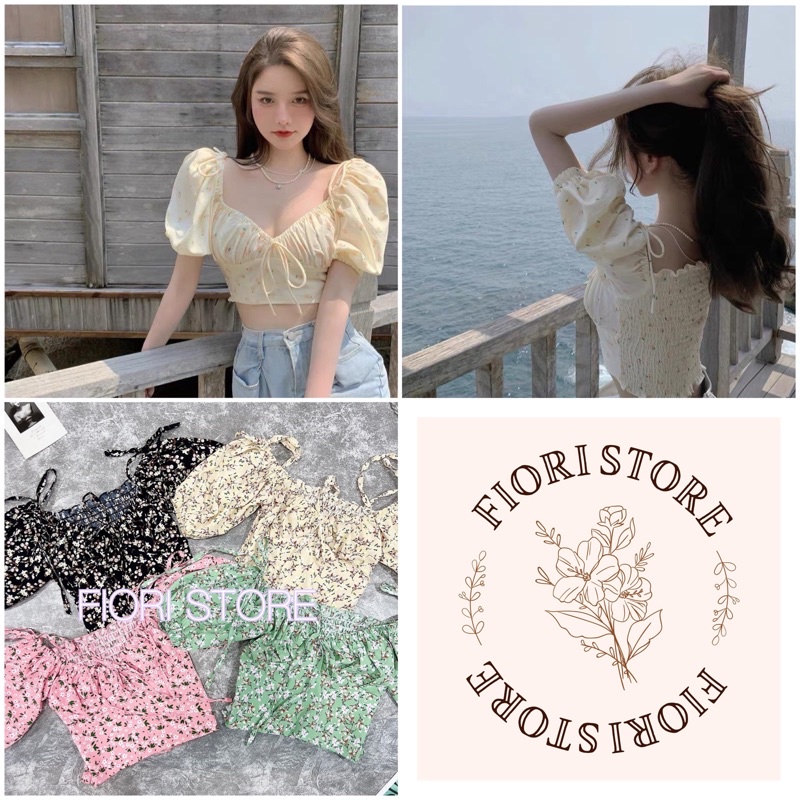 Áo Croptop Kiểu Hoa Nhí Dây Nơ Cúp Ngực Mặc 2 Kiểu Trễ Vai Tay Ngắn Bồng Bo Thun Lưng Co Giãn 351 FIORI STORE