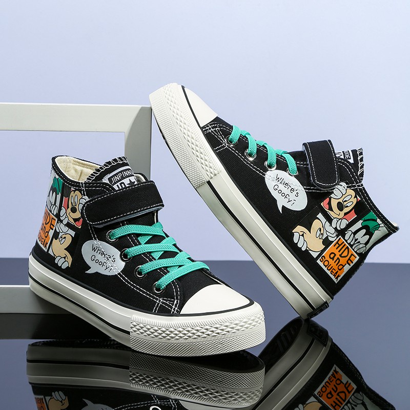 Giày Vải Canvas Đế Mềm Cổ Cao In Hình Chuột Mickey Thời Trang Năm 2021 Cho Bé Trai Gái