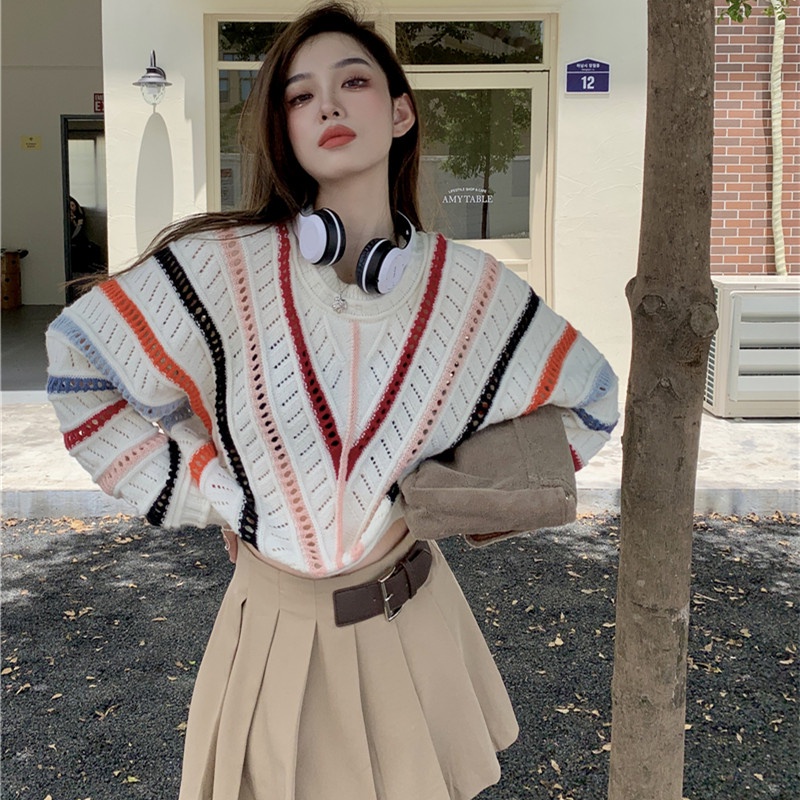 Áo Sweater Tay Dài Dáng Rộng Kẻ Sọc Cầu Vồng Thời Trang Cá Tính