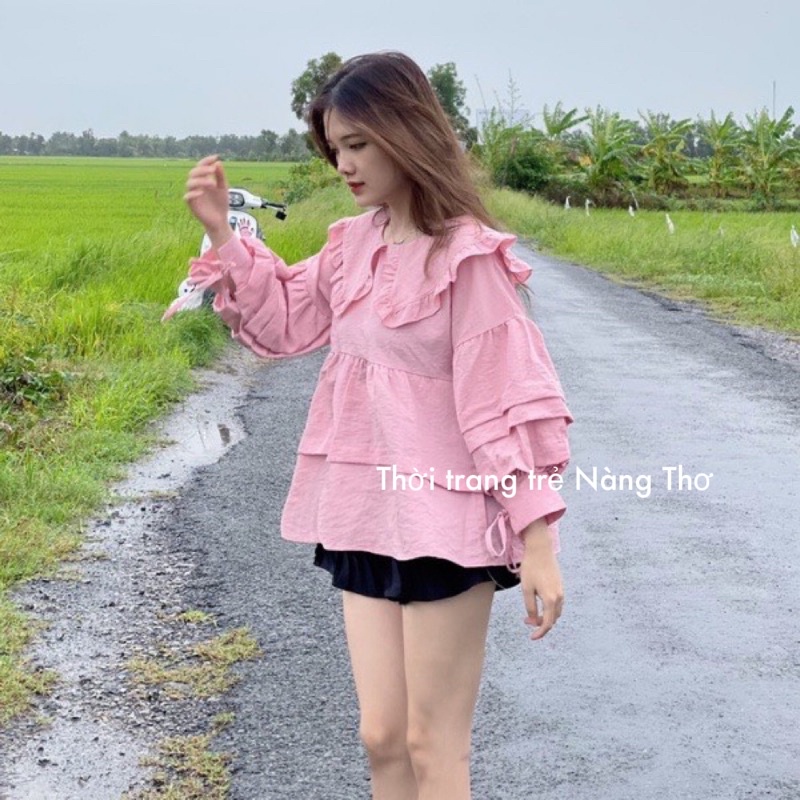 Áo babydoll cổ bèo tầng xếp tay vải đũi hàn dễ thương