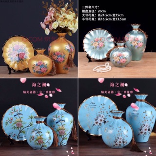 Set 3 bộ lọ và đĩa decor trang trí bằng gốm sứ kèm kệ kê đĩa