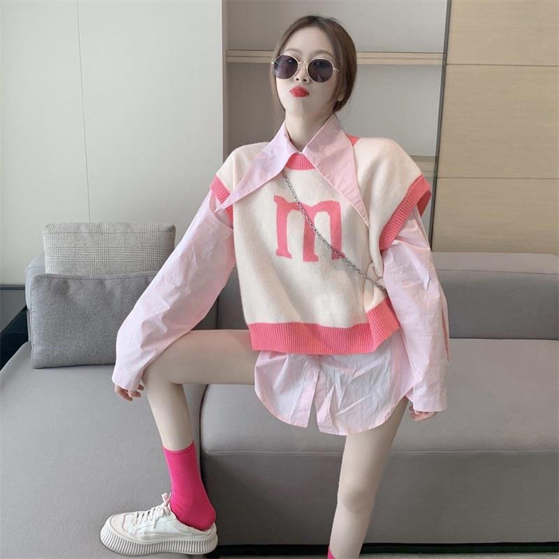 Set Áo Sơ Mi Tay Dài Dáng Rộng + Áo Len Không Tay Phong Cách Hàn Quốc Cho Nữ