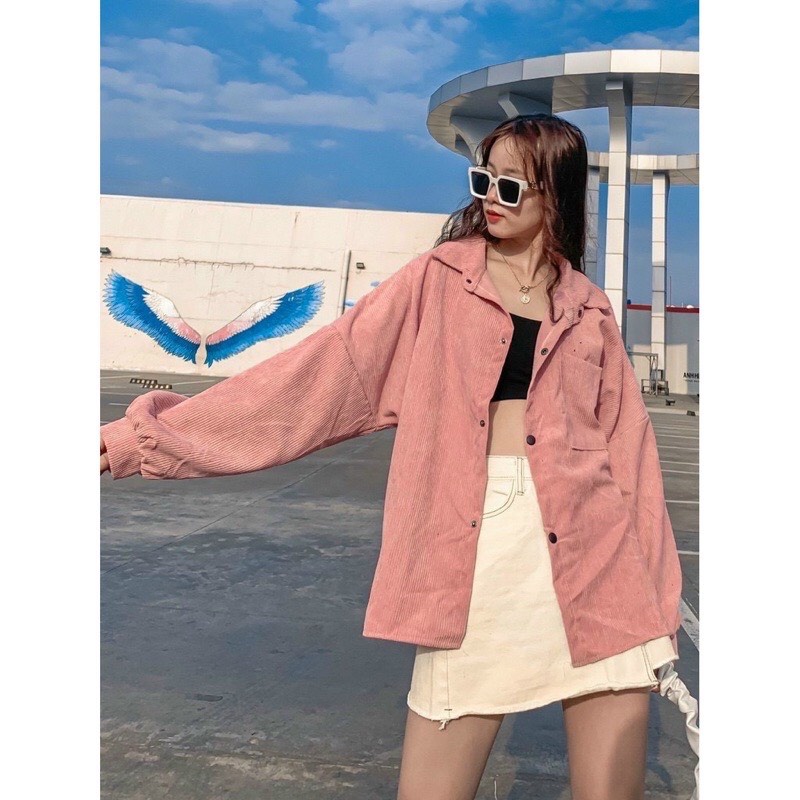 Áo Sơ Mi Nhung Gân Tăm Phối 1 Túi Cúc Bấm Tay Phồng Form Rộng Unisex Nam Nữ Couple Phong Cách Hàn Quốc