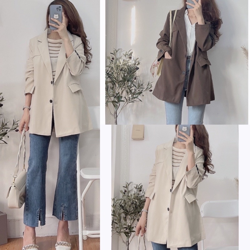 Áo blaze phom rộng be nâu - Áo  khoác vest  dáng rộng phong cách Hàn Quốc