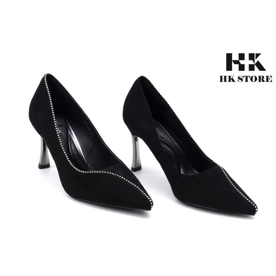 Giày cao gót nữ ❤️ HK.STORE ❤️ da thật 100% kiểu da lộn kết hợp đế nhọn bọc kim loại 7p đính đá quanh giày sang chảnh