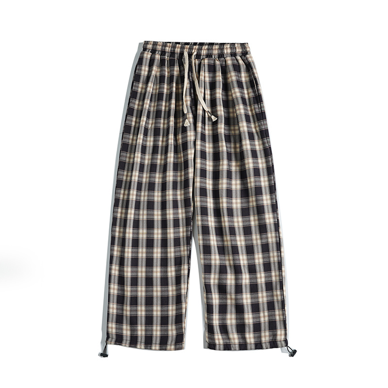 Contrast color plaid pants with drawstring Korean fashion for men