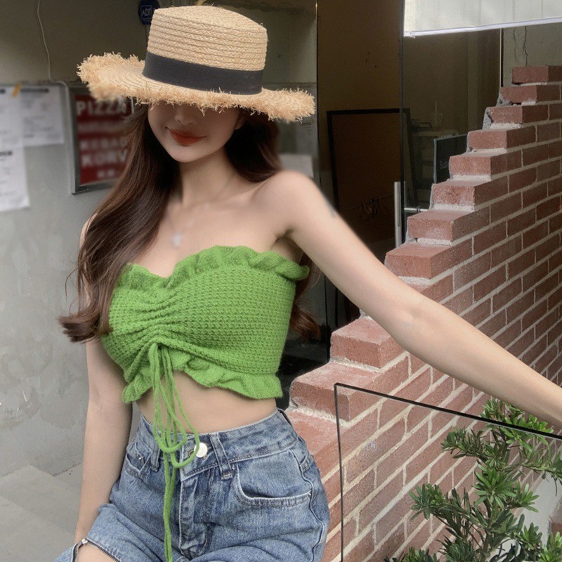 Áo Croptop Dệt Kim Màu Sắc Trơn Phối Dây Rút Gợi Cảm Dành Cho Nữ