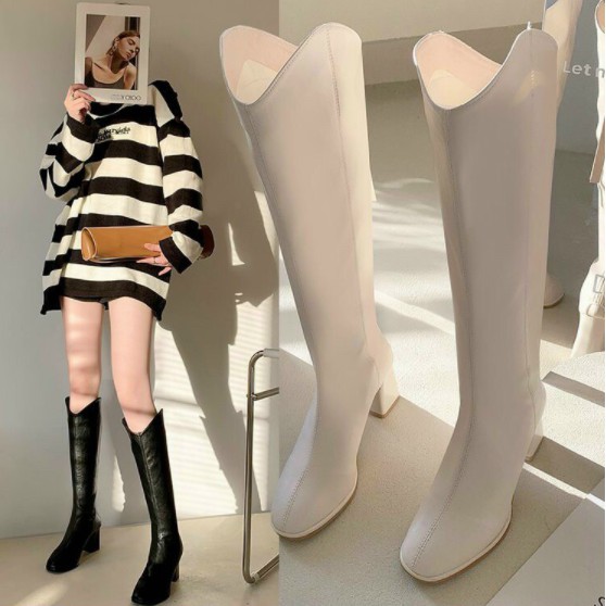 Bốt nữ đùi da lì thời trang, Bốt nữ thời trang boots cổ vát cao gót5p khóa sau phong cách công sở Hàn Quốc mùa đông 2021