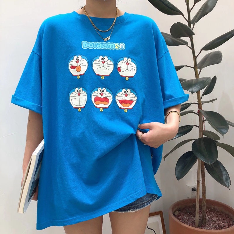 Doraemon cartoon plus size fat loose Korean version of pure cotton short-sleeved t-shirt women summer clothes