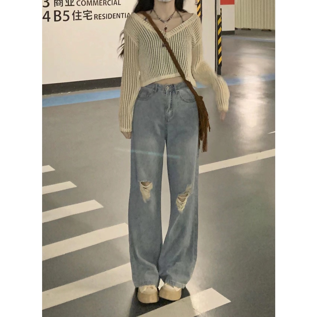 Quần jeans Dài Ống Rộng Thời Trang Hàn Quốc Cho Nữ