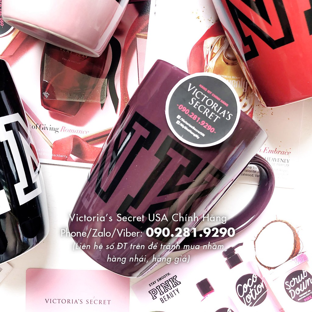 (Ly Ceramic Mug 39) Ly cafe màu tím mận, in chữ Pink đen thời trang, Ly nước 16,9oz = 500mL - Pink Victoria's Secret