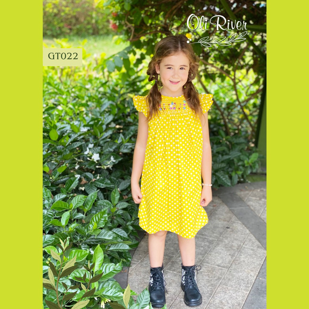 Váy Smock bé gái chấm bi vàng Oliriver Sang Xịn cổ thêu hoa nhiều màu cực đẹp từ 1-7 tuổi chính hãng + Tặng kẹp tóc