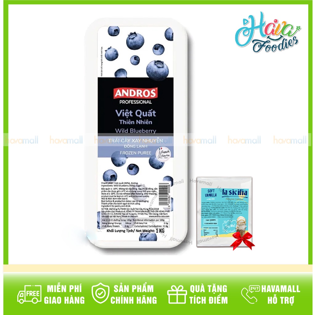 Việt Quất Thiên Nhiên Xay Nhuyễn Đông Lạnh ANDROS Hộp 1Kg - Tặng Bột Làm Kem