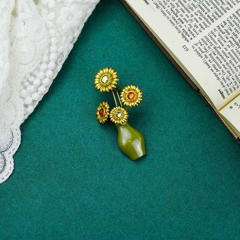 Trâm Cài Áo Hình Lọ Hoa Hướng Dương Phong Cách Vintage Thời Trang