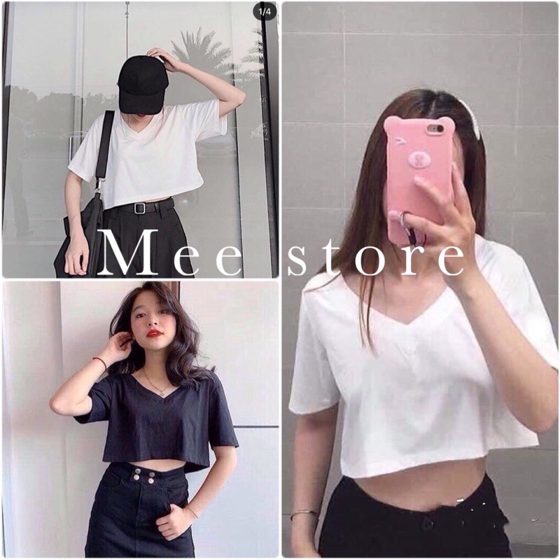 [Mã FAMAYWA giảm 10K đơn 50K] Áo Croptop Cổ Tim🌸Phông Nữ Trơn Tay Ngắn Cổ V Basic Trắng|Đen