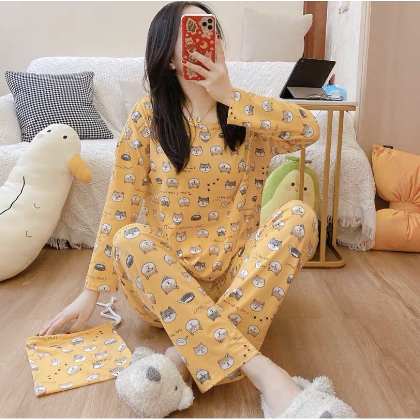 Đồ bộ nữ mặc nhà quần dài áo dài, bộ quần áo ngủ thun mỏng thu đông chất mỏng dịu P4-B4