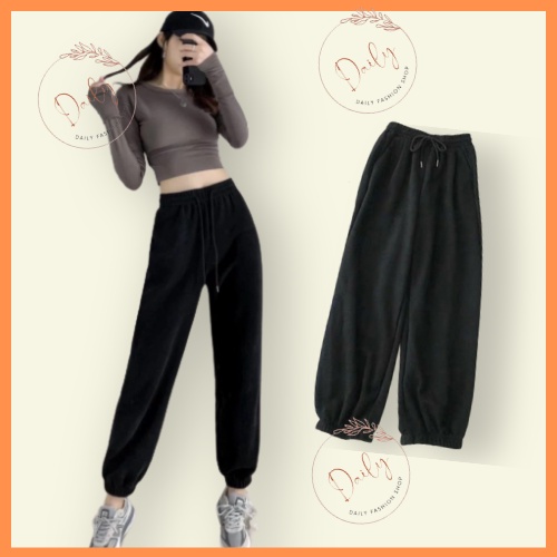 Quần Jogger Ống Rộng Bo Chun Chất Nỉ Da Cá Dày Dặn Dây Rút Cạp Chun Dáng Dài Thể Thao Hai Màu Đen, Xám