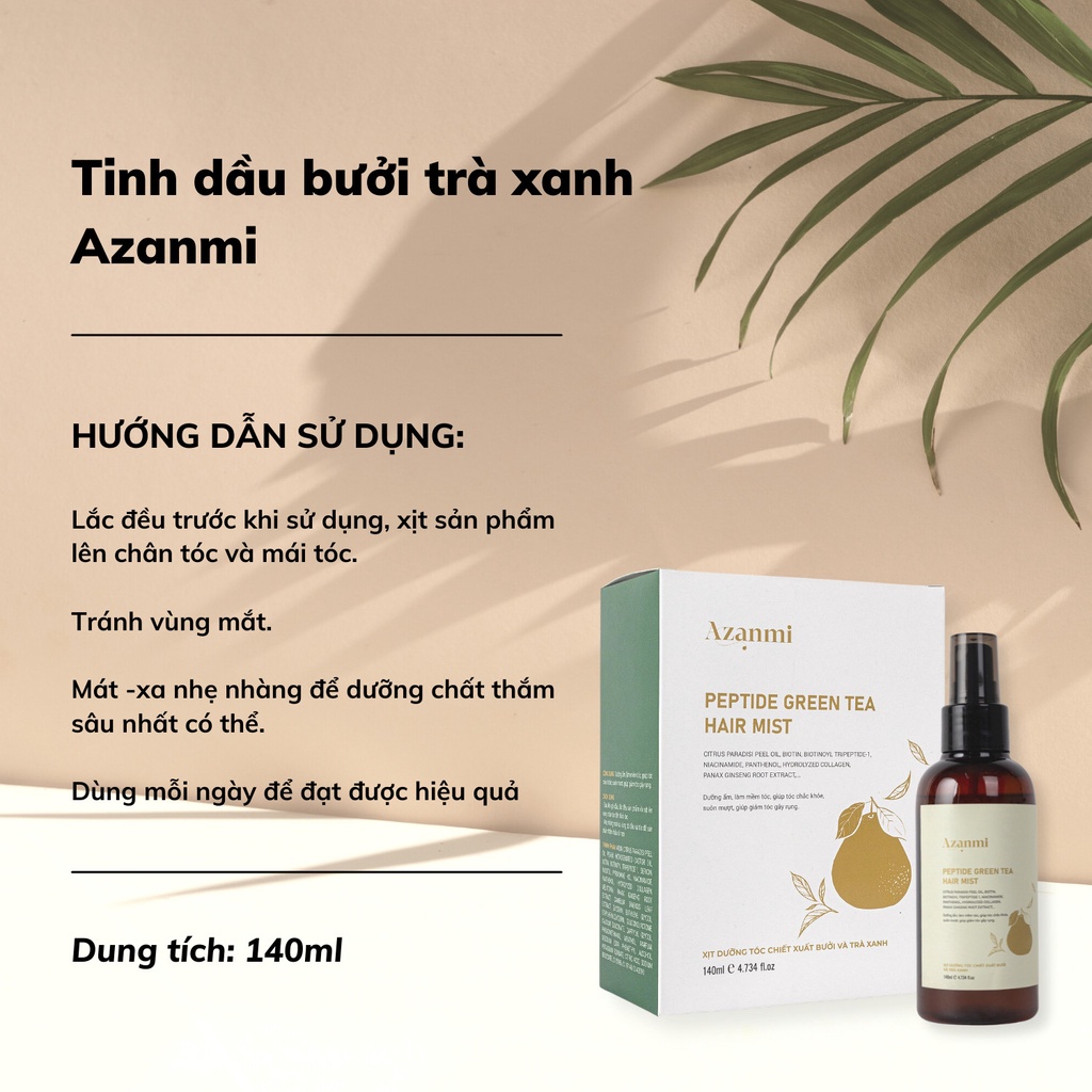 Nước dưỡng tóc tinh dầu bưởi giúp giảm gãy rụng &amp; làm mềm tóc 140ml Cocoon PEPTIDE GREEN TEA HAIR MIST Chính Hãng Azanmi