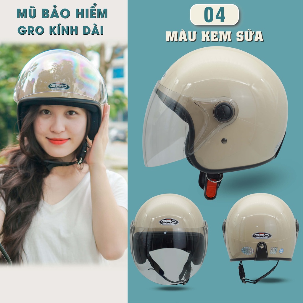 Mũ Bảo Hiểm 3/4 đầu GRO Helmet T818 có kính dài che cả mặt, kiểu dáng thời trang cho nữ, khóa kim loại - Nhiều Màu